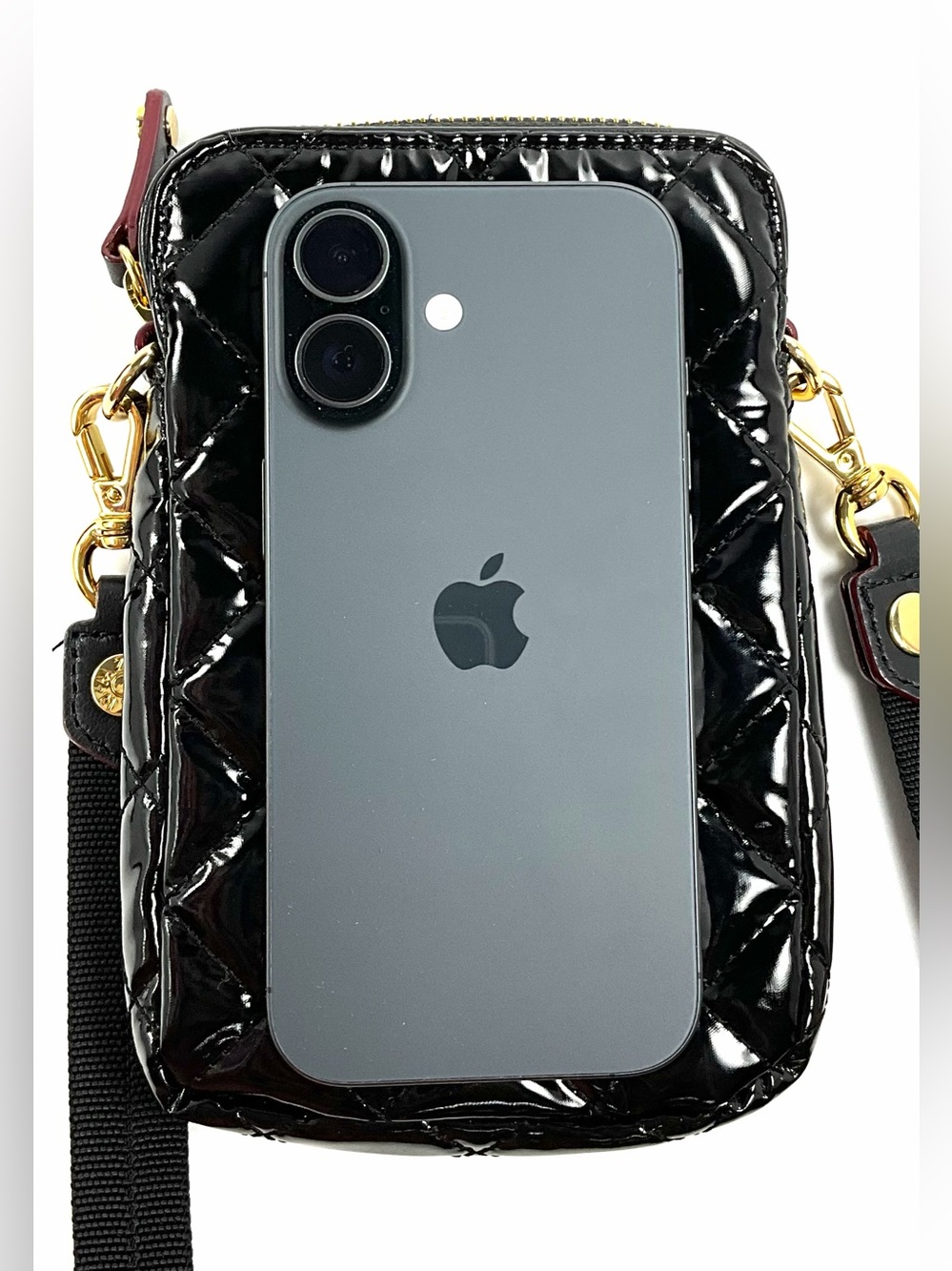 MZ Wallace Micro Crosby Patent Phone Crossbody Black Gold Hardware - Picture 8 of 16